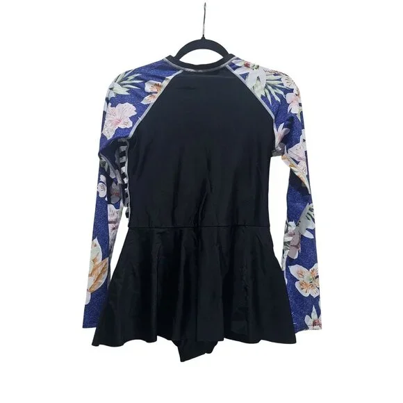 Large Long Sleeve Rash Guard Swim Dress UPF 50+ Black Stripe Floral NWOT - Picture 2 of 2